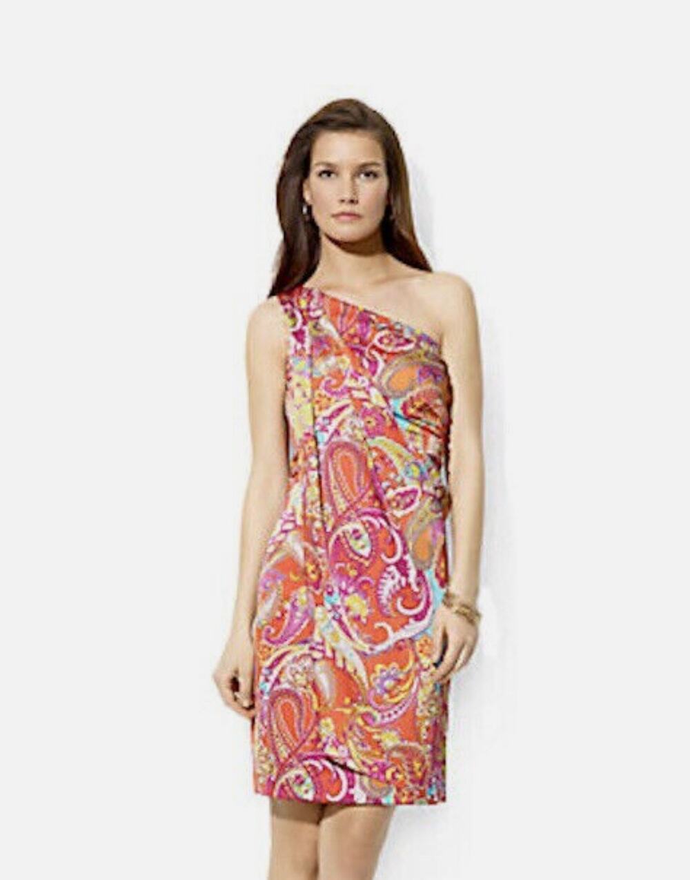 Lauren‎ Ralph Lauren Flamingo Orange Paisley One Shoulder Sateen Dress Size 10